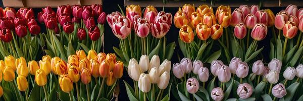 ai gegenereerd veelkleurig tulpen in een bloem winkel - vers levering van besnoeiing bloemen voor voorjaar vakantie, bloemen winkel venster. ai gegenereerd foto