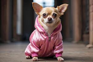 ai gegenereerd een chihuahua vrouw hond in een roze glimmend glamoureus jasje binnen- Bij huis. hond mode, dier kleding. ai gegenereerd foto