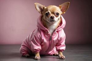 ai gegenereerd een chihuahua vrouw hond in een roze glimmend glamoureus jasje binnen- Bij huis. hond mode, dier kleding. ai gegenereerd foto