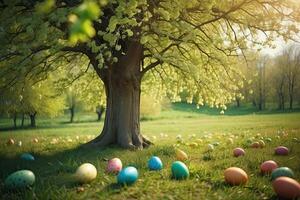 ai gegenereerd de takken van de voorjaar boom zijn versierd met kleurrijk Pasen eieren. Pasen ansichtkaart, voorjaar natuur, ai gegenereerd foto