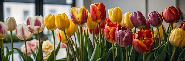 ai gegenereerd veelkleurig tulpen in een bloem winkel - vers levering van besnoeiing bloemen voor voorjaar vakantie, bloemen winkel venster. ai gegenereerd foto