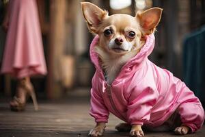 ai gegenereerd een chihuahua vrouw hond in een roze glimmend glamoureus jasje binnen- Bij huis. hond mode, dier kleding. ai gegenereerd foto