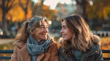 ai gegenereerd ouder moeder met haar dochter glimlachen en lach samen zittend Aan bank park foto