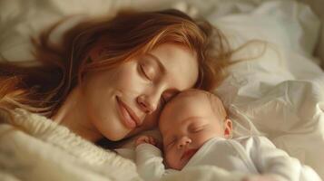ai gegenereerd portret van moeder slaap Aan de bed met haar schattig baby foto