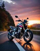 ai gegenereerd motorrijder rijden een motorfiets Aan een land weg Bij zonsondergang. ai generatief foto