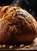 ai gegenereerd vers gebakken brood met sesam zaden Aan een houten bord. ai generatief foto