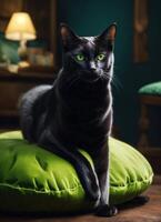 ai gegenereerd portret van een zwart kat met geel ogen Aan een donker achtergrond. ai generatief foto