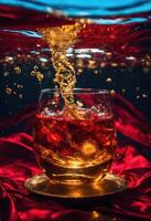 ai gegenereerd een glas van whisky met ijs en spatten. gouden sparkles achtergrond. ai generatief foto