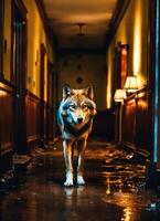 ai gegenereerd portret van een wolf in een donker gang Bij nacht. ai generatief foto