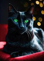 ai gegenereerd portret van een zwart kat met geel ogen Aan een donker achtergrond. ai generatief foto