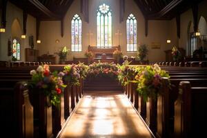 interieur van een kerk met een veel van bloemen in de voorgrond.begrafenis concept ai gegenereerd foto