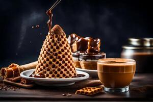 de wafel ijshoorntje is wezen gemotregend met chocola. ai-gegenereerd foto