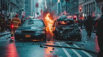 ai gegenereerd een twee auto's ongeluk in de midden- van de weg in een groot stad foto