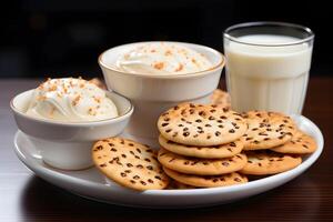 ai gegenereerd een heerlijk winter maaltijd met biscuits en melk in een kom foto