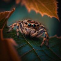 ai gegenereerd insect detailopname, macro fotografie een jumping spin. Super goed diepte van veld- en veel van insect details Aan een geïsoleerd achtergrond. foto