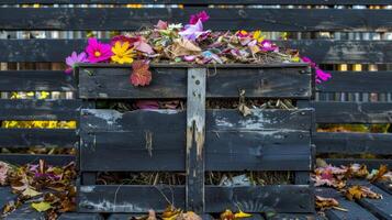 ai gegenereerd eco vriendelijk compost bak gevulde met biologisch verspilling en groen puin voor duurzame recycling foto