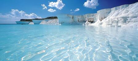 ai gegenereerd rustig baby blauw thermisch zwembaden Aan wit terrassen in pamukkale, kalkoen, ideaal voor ontspanning foto