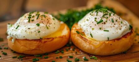 ai gegenereerd verrukkelijk belegd broodje met gepocheerd eieren in voortreffelijk professioneel voedsel fotografie foto