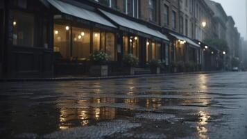 ai gegenereerd regenachtig dag in de stad, regenachtig dag tafereel, leeg straat, regen druppels Aan de grond foto