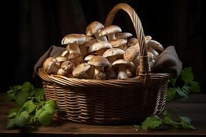 ai gegenereerd eetbaar champignons in rieten mand Aan houten tafel, voedsel nog steeds leven foto
