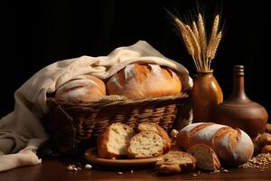 ai gegenereerd vers brood Aan de tafel, voedsel nog steeds leven foto