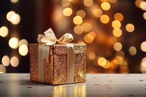 ai gegenereerd verpakt gouden Kerstmis geschenk doos Aan slinger bokeh achtergrond foto