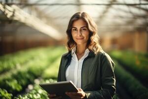 ai gegenereerd glimlachen mooi jong vrouw boer gebruik makend van tablet naar analyseren en plan boerderij ontwikkeling strategie terwijl staand in kas en op zoek Bij camera foto