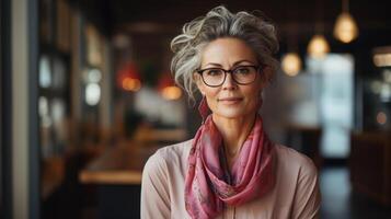 ai gegenereerd bedrijf elegant mooi ouderen vrouw met grijs haar- kapsel op zoek Bij camera terwijl staand in kantoor. vrouw senior portret, uitvoerend of zakenvrouw banier met kopiëren ruimte foto