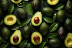 ai gegenereerd avocado patroon, top visie groen vers tropisch fruit Aan een donker achtergrond foto