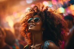 ai gegenereerd gelukkig hipster Afrikaanse Amerikaans vrouw in zonnebril hebben pret Bij muziek- festival. mooi Afrikaanse hippie vrouw Bij een buitenshuis partij, levensstijl foto