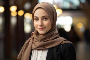 ai gegenereerd portret van mooi schattig glimlachen moslim leerling, tiener vrouw in traditioneel Islamitisch hijab hoofdtooi met rugzak staand binnen Universiteit en op zoek Bij camera foto