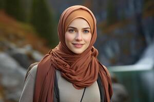 ai gegenereerd portret van een mooi schattig glimlachen moslim vrouw in een traditioneel Islamitisch hijab hoofdtooi met een rugzak in natuur foto
