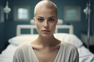 ai gegenereerd kanker ziekte, oncologie concept. portret van mooi kaal vrouw geduldig in ziekenhuis kamer op zoek Bij camera foto