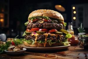 ai gegenereerd sappig groot hamburger met twee koteletten, cheeseburger Aan de tafel. snel voedsel detailopname foto