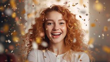 ai gegenereerd positief gelukkig roodharig gekruld glimlachen jong vrouw en vliegend confetti feest. vakantie of verjaardag concept foto