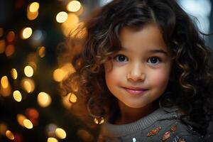 ai gegenereerd gelukkig nieuw jaar en Kerstmis kind portret, weinig schattig gekruld meisje Aan feestelijk achtergrond bokeh slinger binnenshuis op zoek Bij camera foto