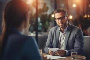 ai gegenereerd Mens en vrouw zittend Bij tafel binnenshuis, overleg, communicatie. selectief focus Aan een volwassen Mens in pak op zoek weg foto