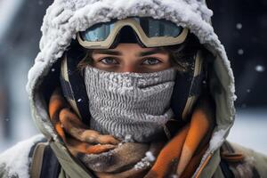 ai gegenereerd voorkant visie actief jong mannetje snowboarder of skiër in bovenkleding en masker op zoek Bij camera buitenshuis, winter sport- foto