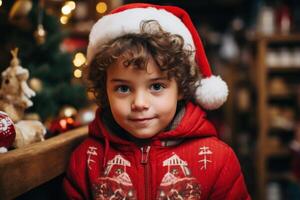 ai gegenereerd Kerstmis portret, schattig c baby Kaukasisch jongen in rood partij hoed in op te slaan op zoek Bij camera foto