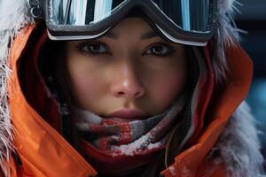ai gegenereerd detailopname gezicht vrouw snowboarder of skiër in bovenkleding buitenshuis op zoek Bij camera, winter sport- foto