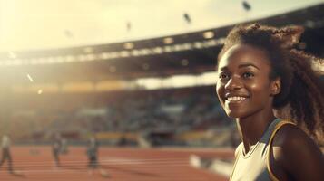 ai gegenereerd sport- banier met kopiëren ruimte, vrouwen atletiek wedstrijd. gelukkig gemotiveerd afro Amerikaans vrouw loper Bij buitenshuis stadion foto