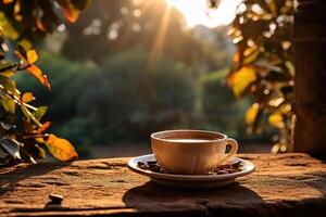 ai gegenereerd kop van vers heet koffie buitenshuis Aan een zonnig ochtend- foto