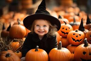 ai gegenereerd halloween vakantie concept, gelukkig grappig meisje in heks kostuum zittend in stapel van versierd pompoenen buitenshuis foto