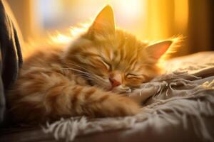 ai gegenereerd detailopname van een rood schattig katje slapen Aan een sofa binnenshuis, zonnig dag foto