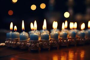 ai gegenereerd mooi versierd menora, brandend kaarsen voor de vakantie van Chanoeka foto