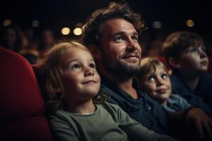 ai gegenereerd familie portret van kinderen met vader aan het kijken een film in een groot bioscoop hal. vermaak industrie foto