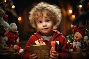 ai gegenereerd portret van schattig kind Holding Kerstmis cadeaus binnenshuis. Kerstmis, gelukkig nieuw jaar concept foto