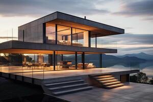 ai gegenereerd buitenkant van een modern huis Aan meer in avond, minimalisme architectuur ontwerp. villa gebouw in natuur, bergen en water foto