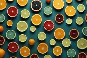 ai gegenereerd top visie fruit patroon. citroen, pompelmoes, oranje plakjes foto