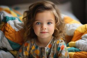 ai gegenereerd portret van een weinig schattig Kaukasisch meisje kind in pyjama zittend Aan een bed met een gekleurde deken in de slaapkamer en op zoek Bij camera, mooi zo ochtend- concept foto